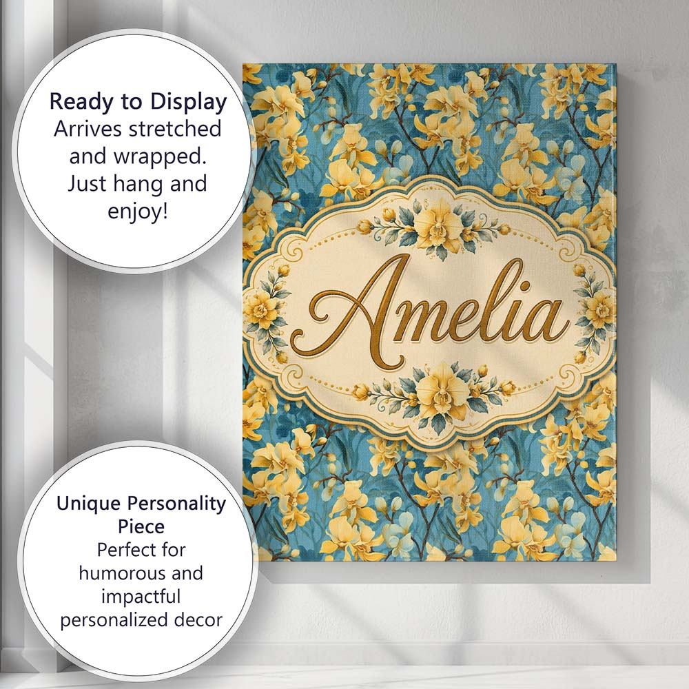 Personalised Name Golden Orchid Bloom on Custom Unique Gift Idea Elegant Feature Canvas Wall Art Print Decor Picture Ready to Hang