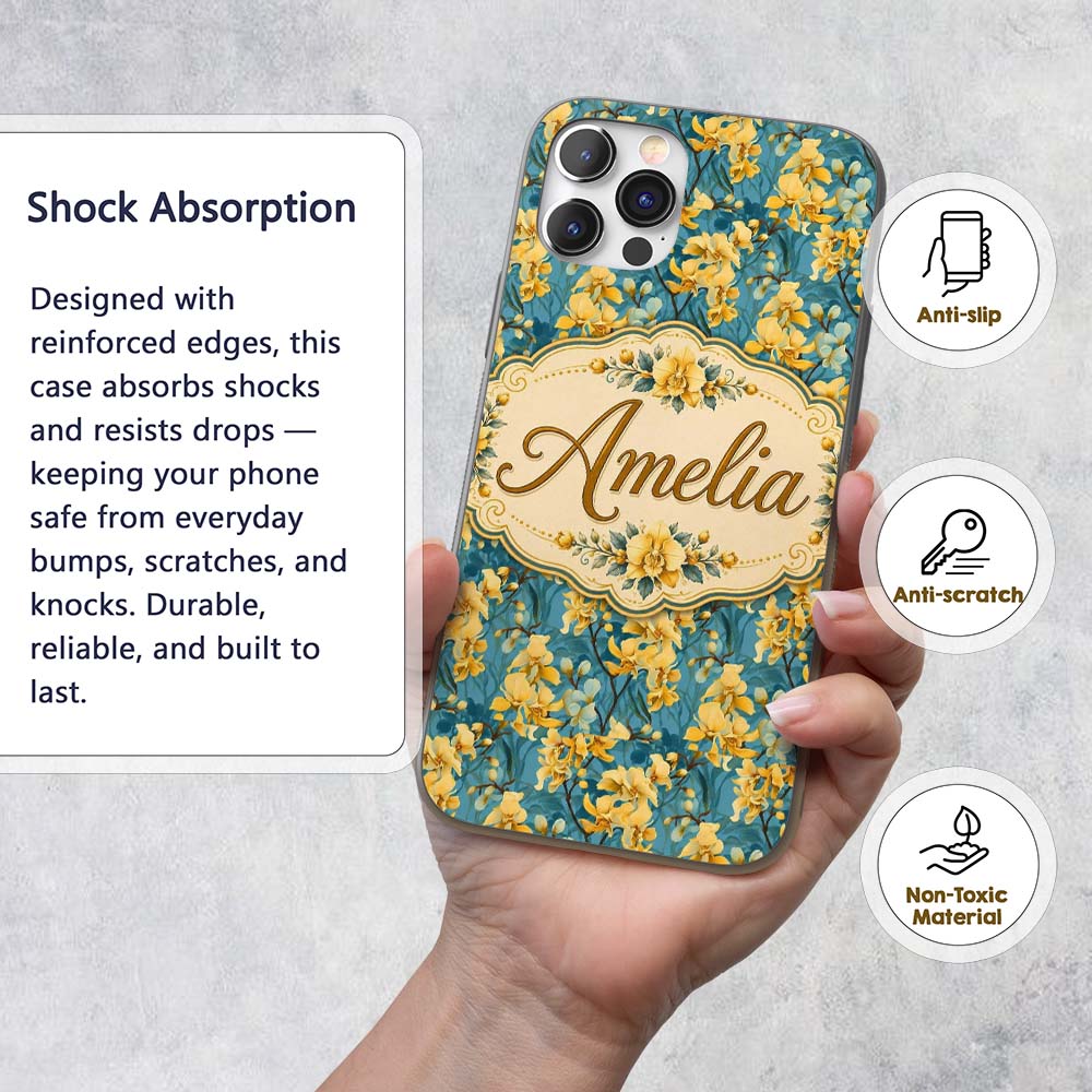 Golden Orchid Bloom on Teal Background Elegant Custom Name Protective Phone Case Mobile Cover Durable Everyday Smartphone Shock Resistant