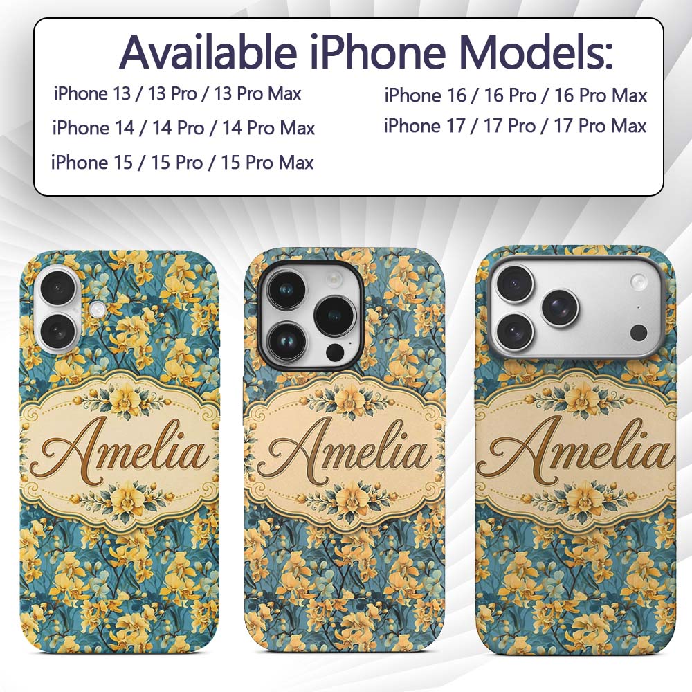 Golden Orchid Bloom on Teal Background Elegant Custom Name Protective Phone Case Mobile Cover Durable Everyday Smartphone Shock Resistant