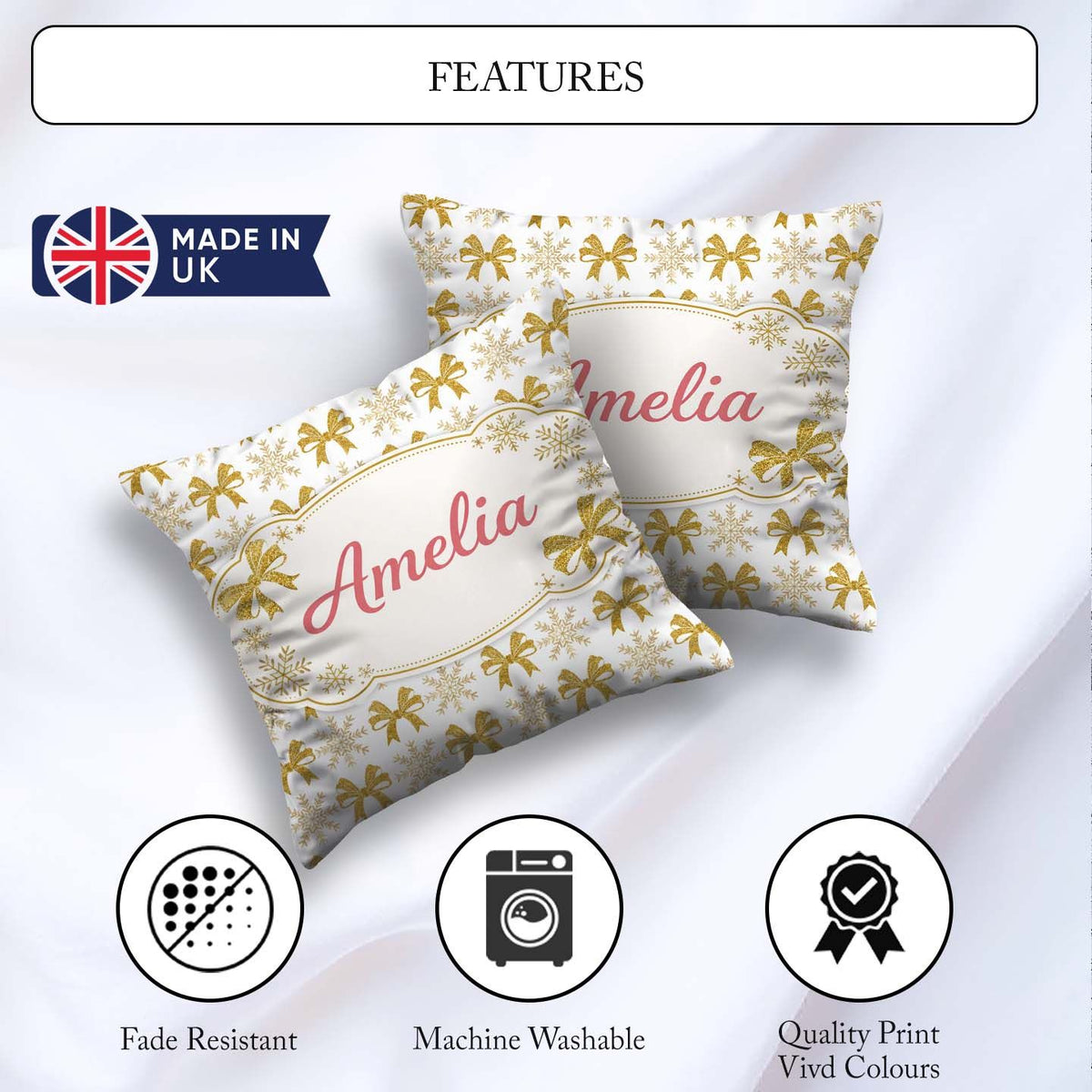 Custom Name Gold Glitter Snowflake and Bow Christmas Pattern Square Filled Cushion Throw Pillow Sofa Bed Home Decor Zip Washable UK Made