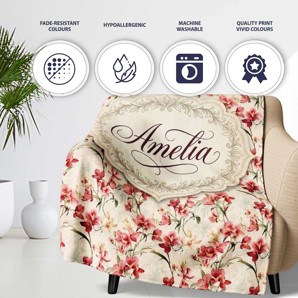 Soft Pink Orchid Blossom on Cream Vintage Background Floral Design Personalised Custom Name Super Soft Fleece Blanket Bed Sofa Throw