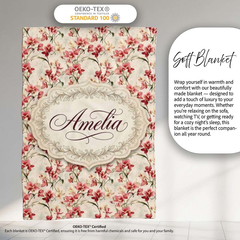 Soft Pink Orchid Blossom on Cream Vintage Background Floral Design Personalised Custom Name Super Soft Fleece Blanket Bed Sofa Throw