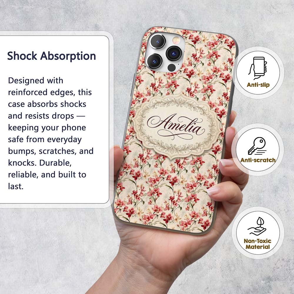 Soft Pink Orchid Blossom on Cream Printed Design Custom Name Protective Phone Case Mobile Cover Durable Everyday Smartphone Shock Resistant