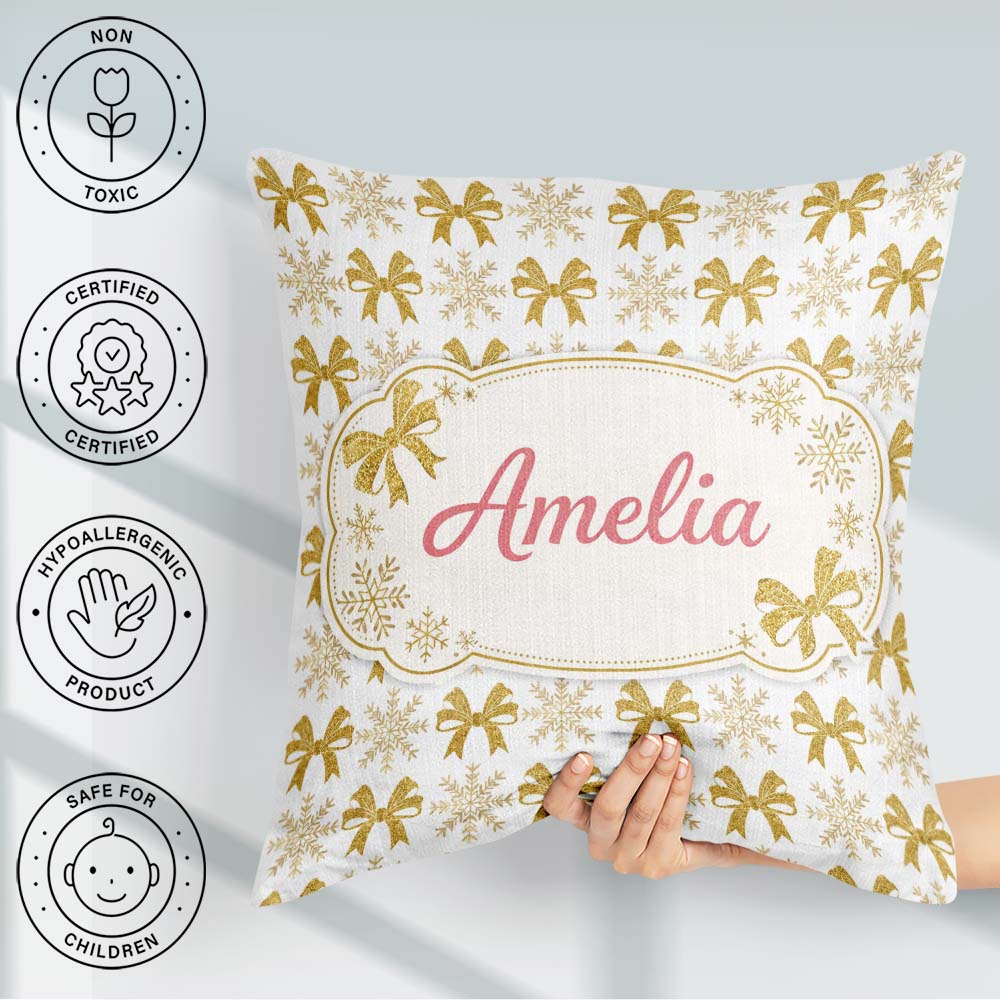 Custom Name Gold Glitter Snowflake and Bow Christmas Pattern Square Filled Cushion Throw Pillow Sofa Bed Home Decor Zip Washable UK Made