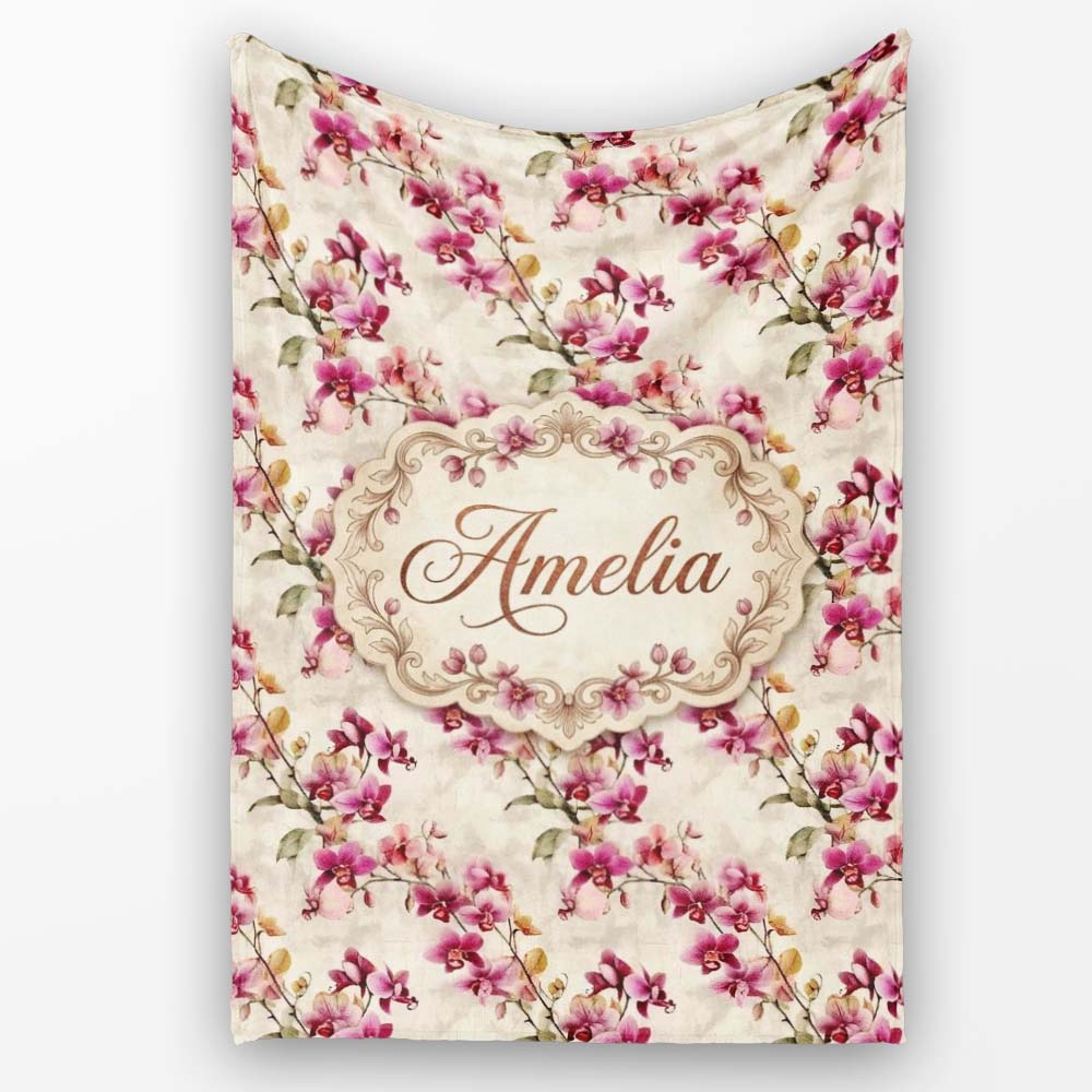Blush Pink Orchid Sprays on Textured Neutral Background Elegant Personalised Custom Name Super Soft Fleece Blanket Bed Sofa Throw