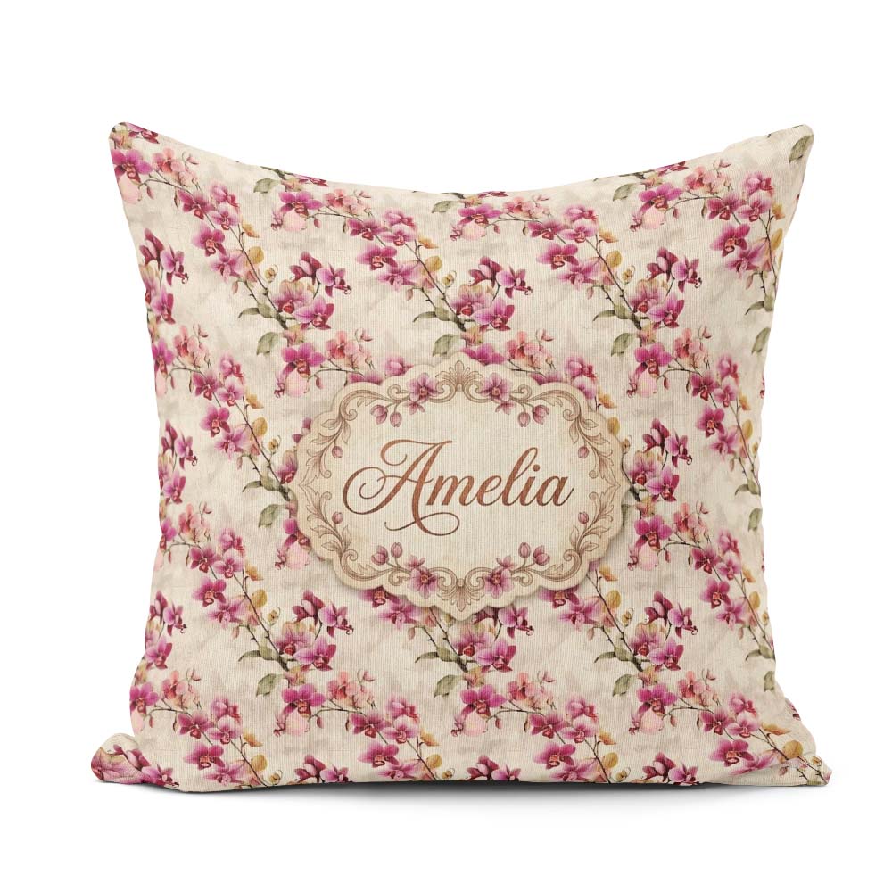 Custom Name Blush Pink Orchid Sprays on Textured Neutral Elegant Square Filled Cushion Throw Pillow Sofa Bed Home Decor Zip Washable UK Made