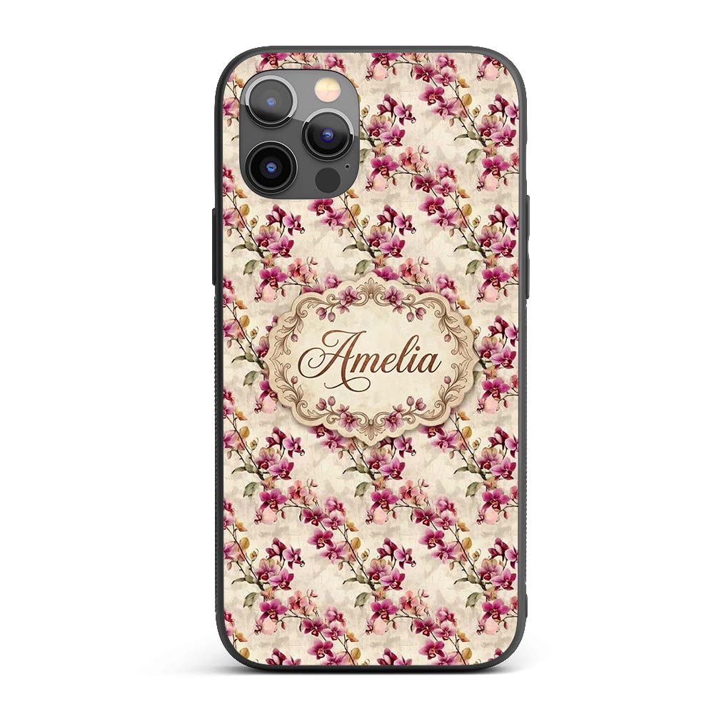 Blush Pink Orchid Sprays on Textured Neutral Custom Name Protective Phone Case Mobile Cover Durable Everyday Smartphone Shock Resistant