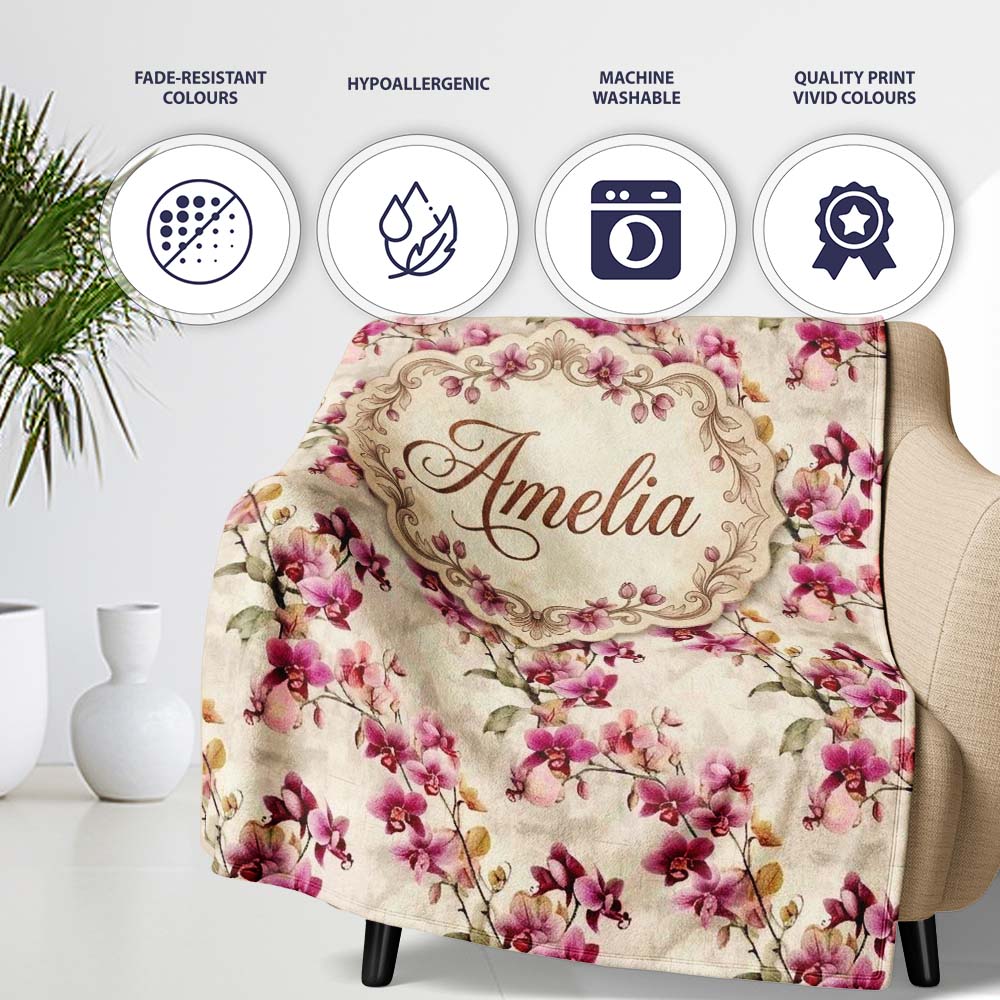 Blush Pink Orchid Sprays on Textured Neutral Background Elegant Personalised Custom Name Super Soft Fleece Blanket Bed Sofa Throw