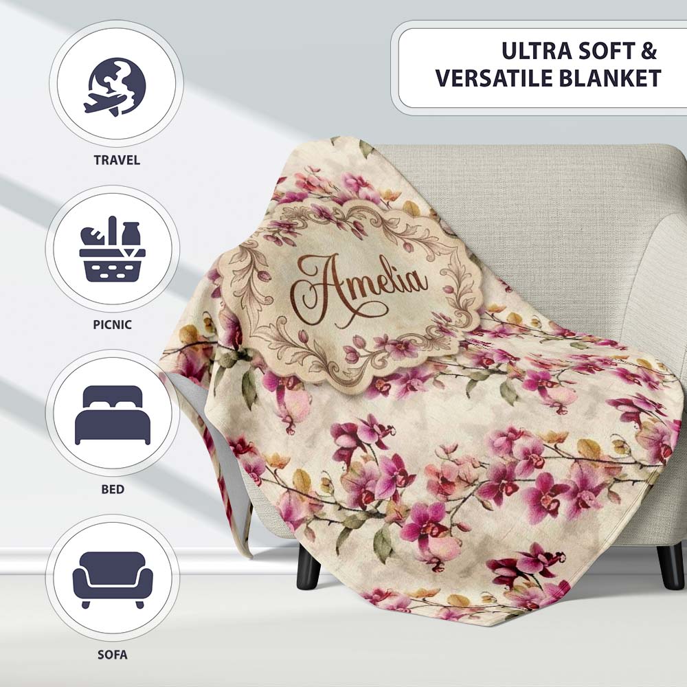 Blush Pink Orchid Sprays on Textured Neutral Background Elegant Personalised Custom Name Super Soft Fleece Blanket Bed Sofa Throw