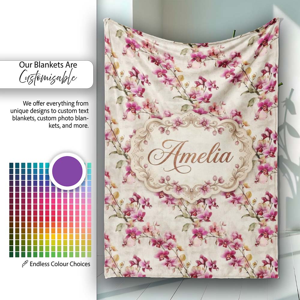 Blush Pink Orchid Sprays on Textured Neutral Background Elegant Personalised Custom Name Super Soft Fleece Blanket Bed Sofa Throw