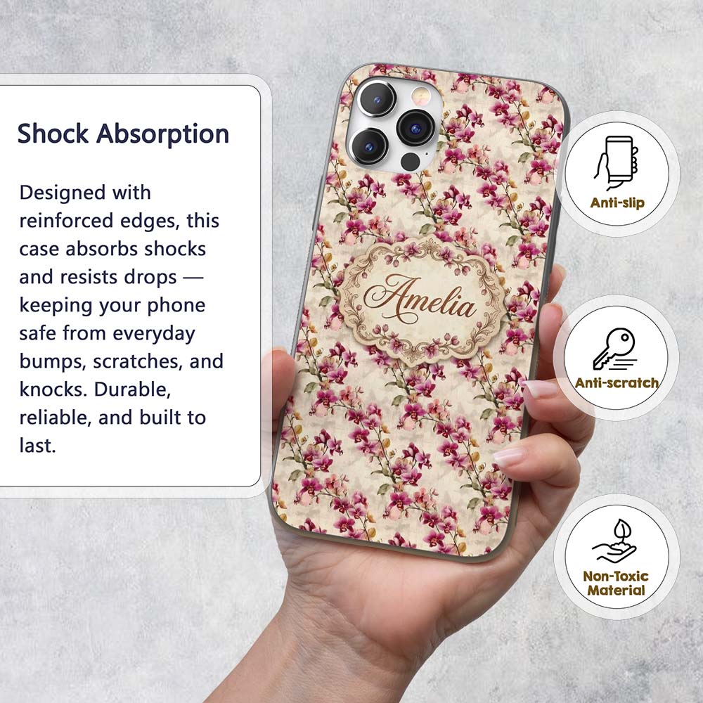 Blush Pink Orchid Sprays on Textured Neutral Custom Name Protective Phone Case Mobile Cover Durable Everyday Smartphone Shock Resistant