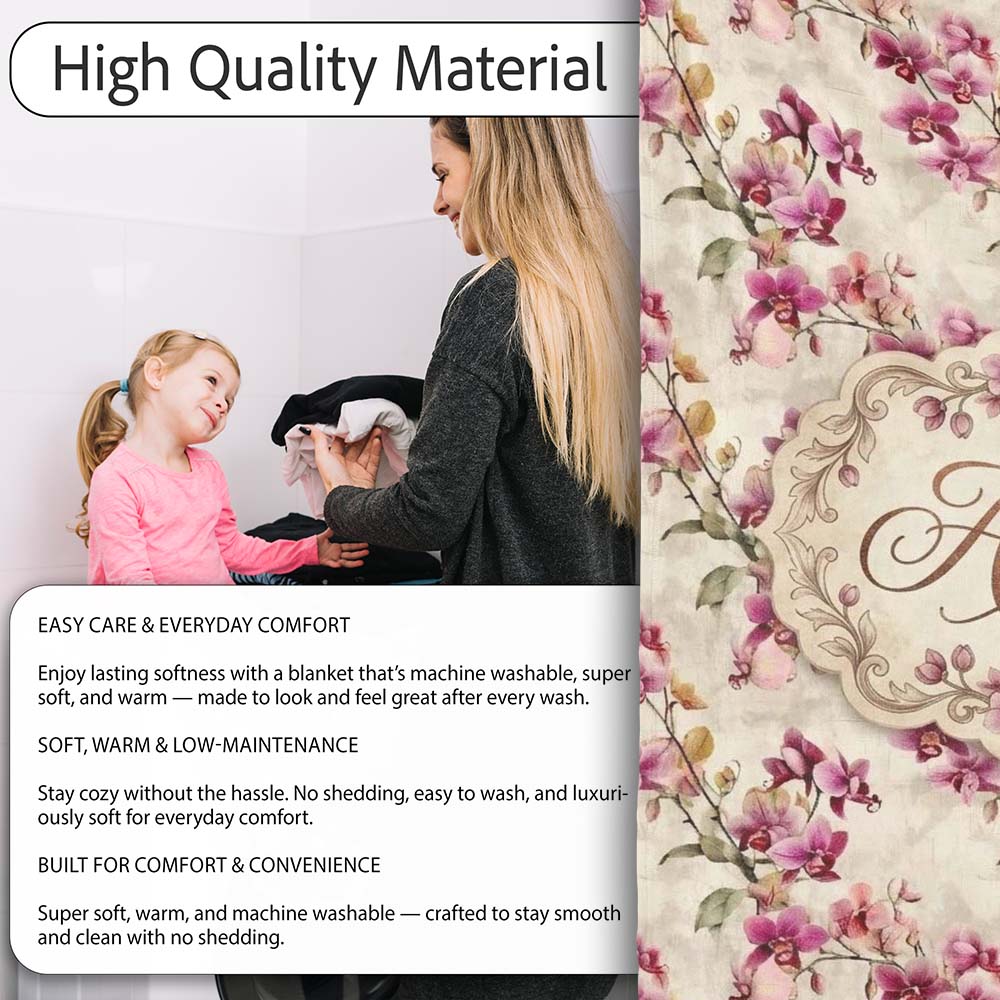 Blush Pink Orchid Sprays on Textured Neutral Background Elegant Personalised Custom Name Super Soft Fleece Blanket Bed Sofa Throw