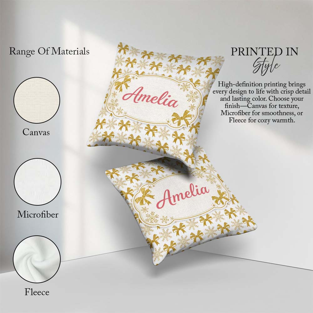 Custom Name Gold Glitter Snowflake and Bow Christmas Pattern Square Filled Cushion Throw Pillow Sofa Bed Home Decor Zip Washable UK Made