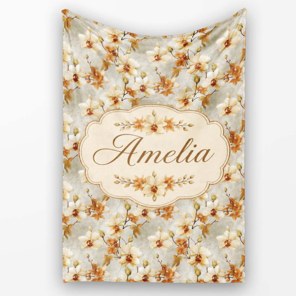 Cream and Amber Orchid Floral Pattern on Soft Neutral Background Personalised Custom Name Super Soft Fleece Blanket Bed Sofa Throw