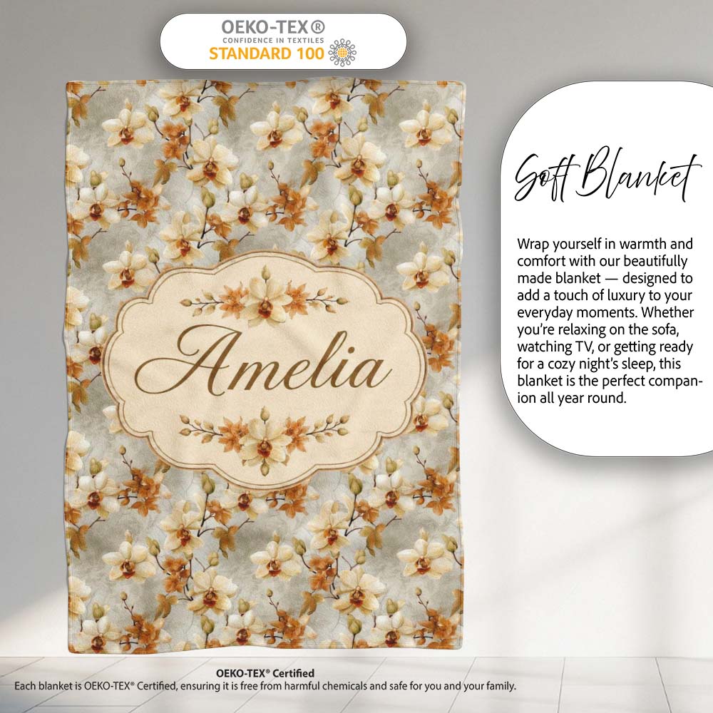 Cream and Amber Orchid Floral Pattern on Soft Neutral Background Personalised Custom Name Super Soft Fleece Blanket Bed Sofa Throw