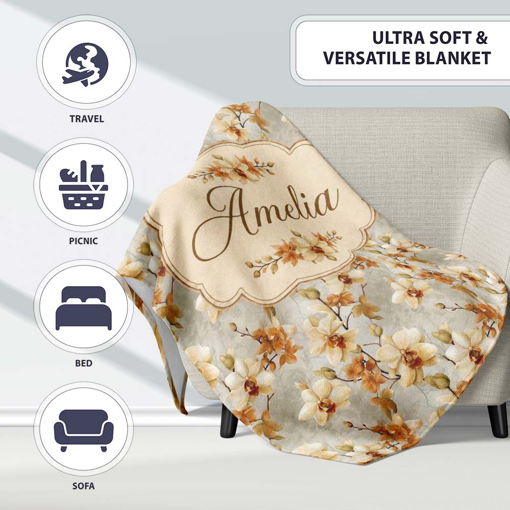 Cream and Amber Orchid Floral Pattern on Soft Neutral Background Personalised Custom Name Super Soft Fleece Blanket Bed Sofa Throw