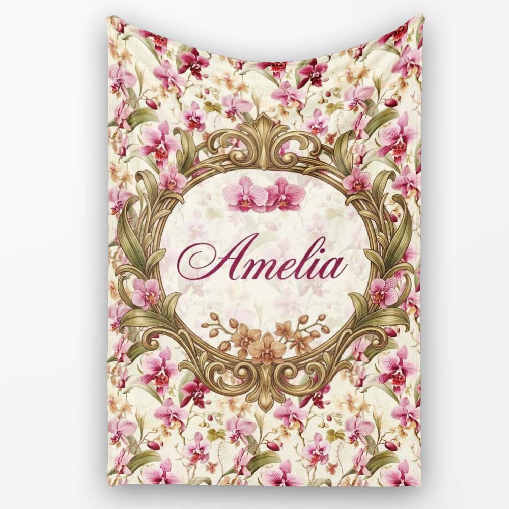 Pink Orchid Garden Floral Pattern on Light Cream Background Lovely Personalised Custom Name Super Soft Fleece Blanket Bed Sofa Throw