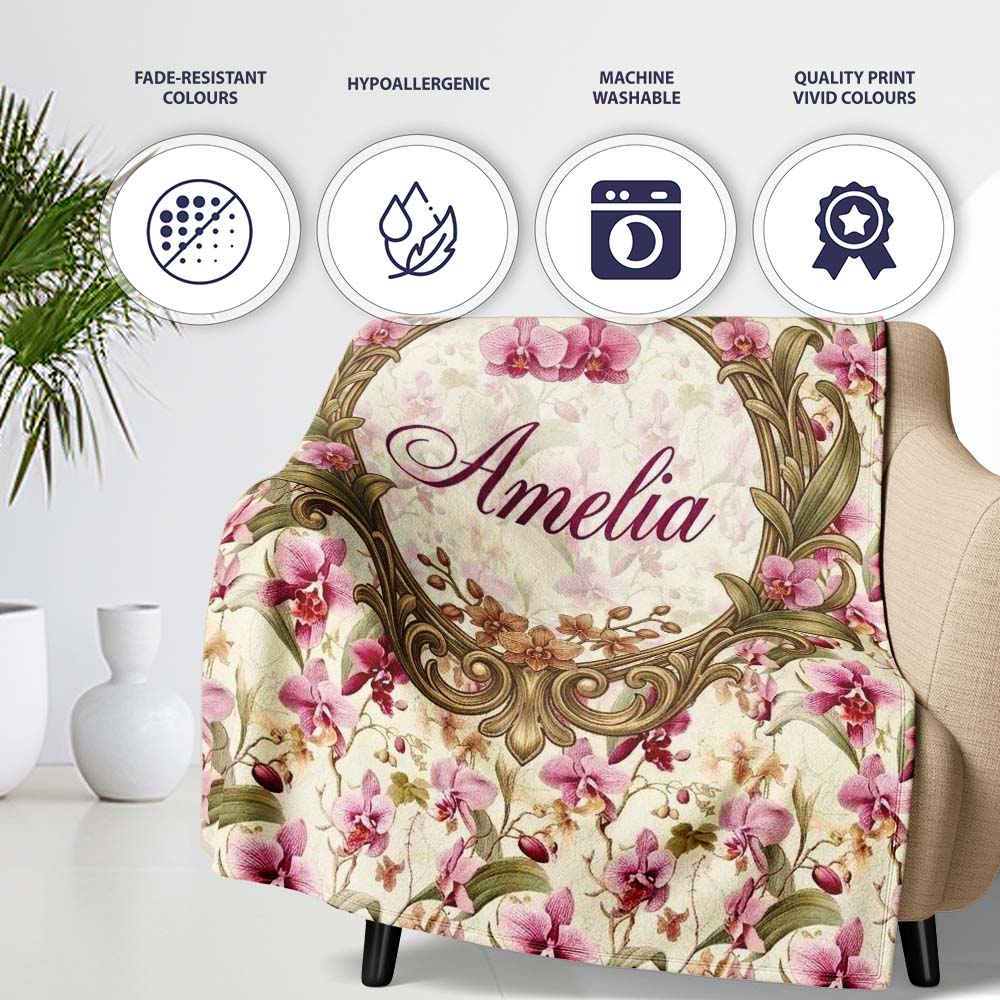 Pink Orchid Garden Floral Pattern on Light Cream Background Lovely Personalised Custom Name Super Soft Fleece Blanket Bed Sofa Throw