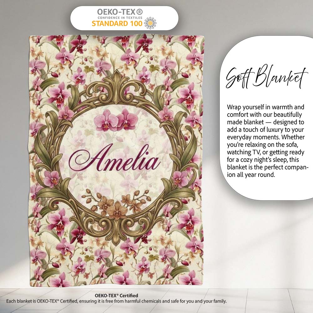 Pink Orchid Garden Floral Pattern on Light Cream Background Lovely Personalised Custom Name Super Soft Fleece Blanket Bed Sofa Throw