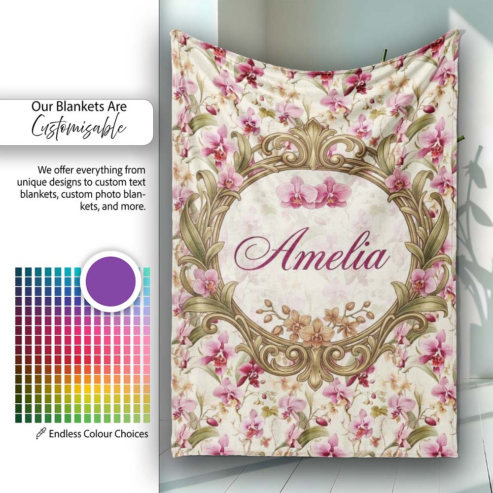 Pink Orchid Garden Floral Pattern on Light Cream Background Lovely Personalised Custom Name Super Soft Fleece Blanket Bed Sofa Throw