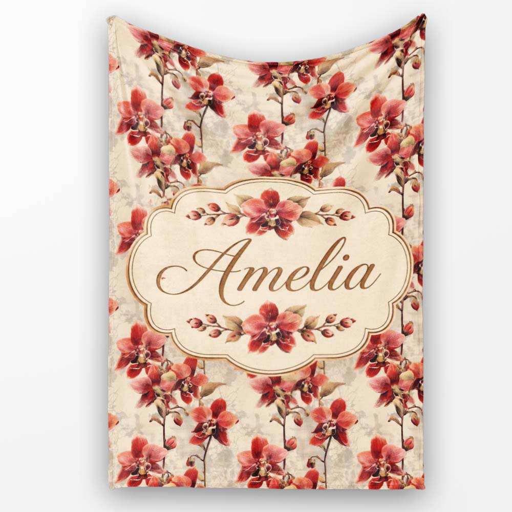 Deep Red Orchid Floral Pattern on Vintage Neutral Background Lovely Personalised Custom Name Super Soft Fleece Blanket Bed Sofa Throw