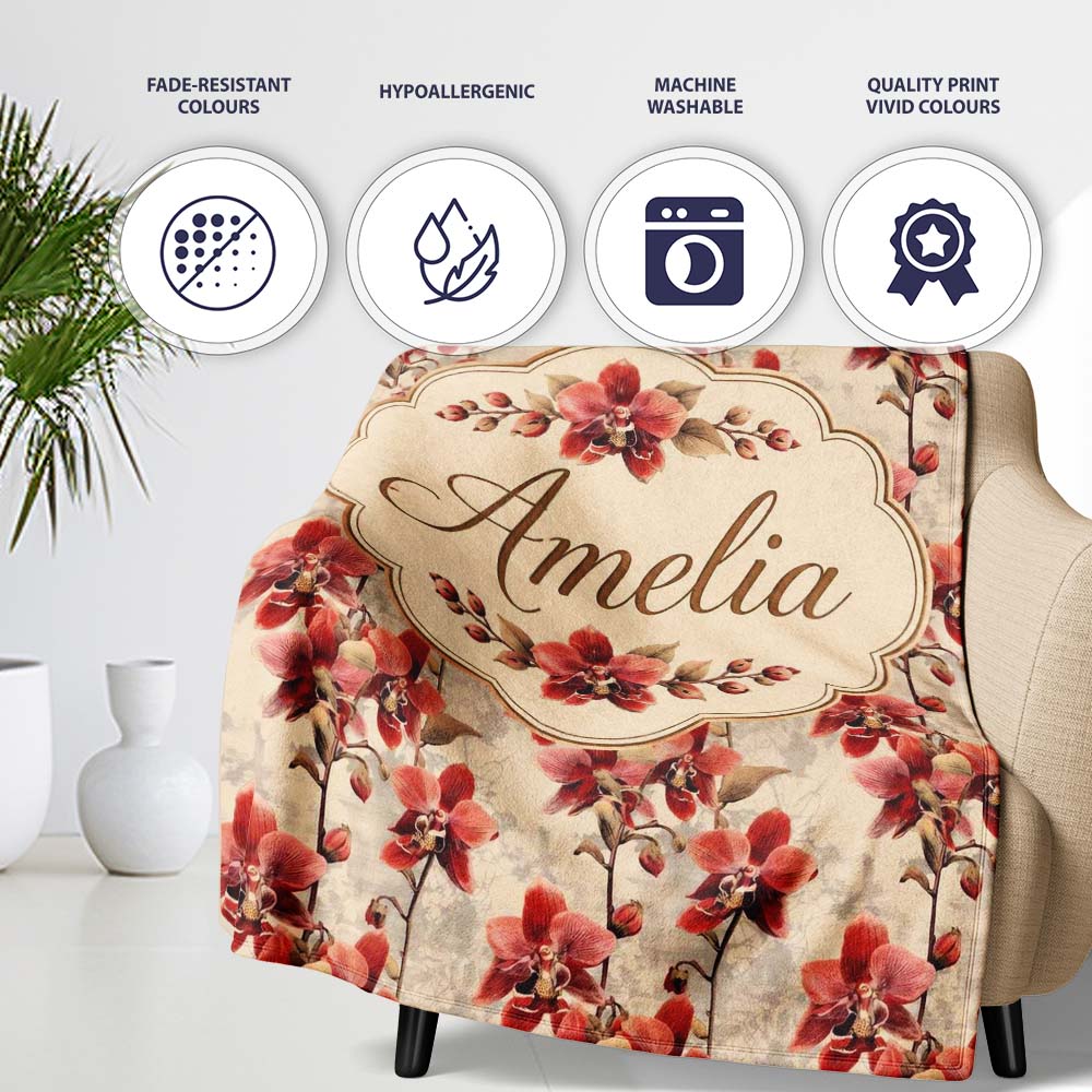 Deep Red Orchid Floral Pattern on Vintage Neutral Background Lovely Personalised Custom Name Super Soft Fleece Blanket Bed Sofa Throw