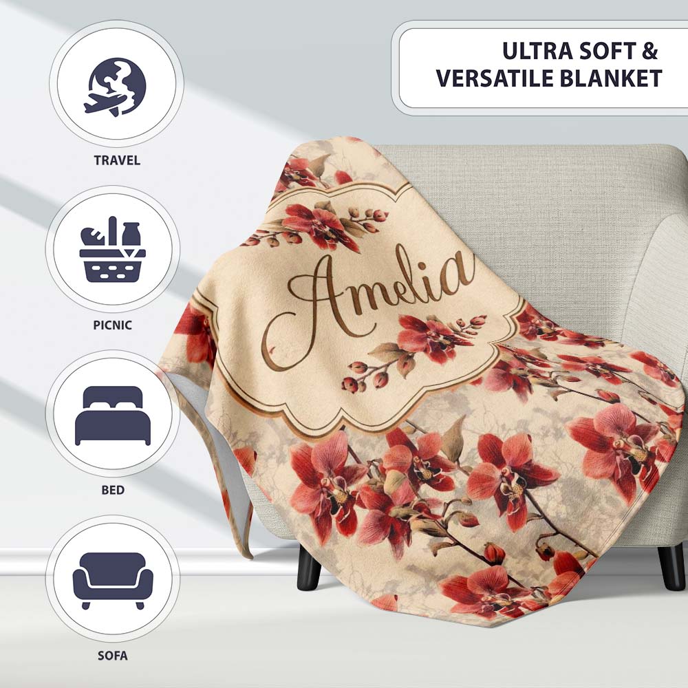 Deep Red Orchid Floral Pattern on Vintage Neutral Background Lovely Personalised Custom Name Super Soft Fleece Blanket Bed Sofa Throw