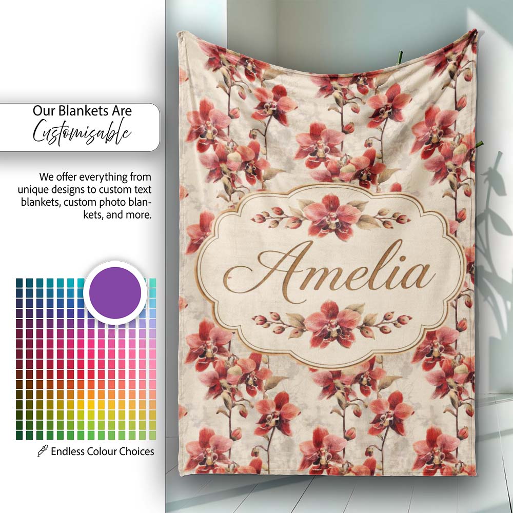 Deep Red Orchid Floral Pattern on Vintage Neutral Background Lovely Personalised Custom Name Super Soft Fleece Blanket Bed Sofa Throw