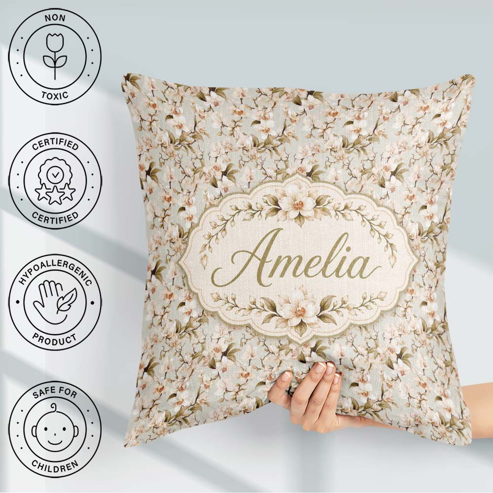 Custom Name Classic White Orchid Blossom Pattern on Soft Beige Square Filled Cushion Throw Pillow Sofa Bed Home Decor Zip Washable UK Made