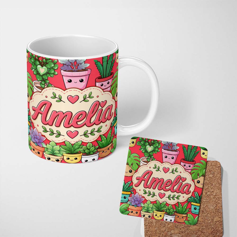 Personalized Custom Name Cute Kawaii Smiling Plant Pots Succulents Leaves Pattern Red Lovely 11oz Ceramic Coffee Tea Mug White Large Handle