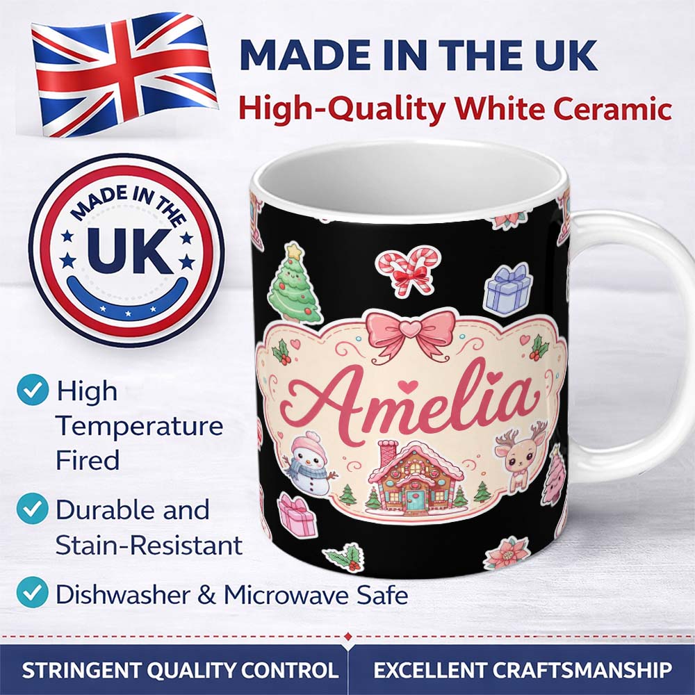 Personalized Custom Name Cute Christmas Festive Stickers Snowman Tree House Pattern Black 11oz Ceramic Coffee Tea Mug White Large Handle