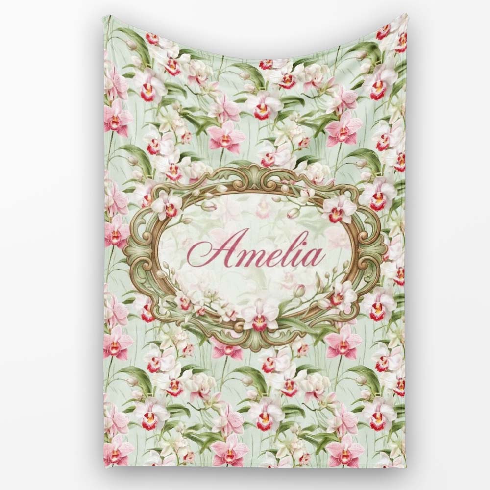 Soft Pink and White Orchid Pattern on Light Green Background Lovely Personalised Custom Name Super Soft Fleece Blanket Bed Sofa Throw