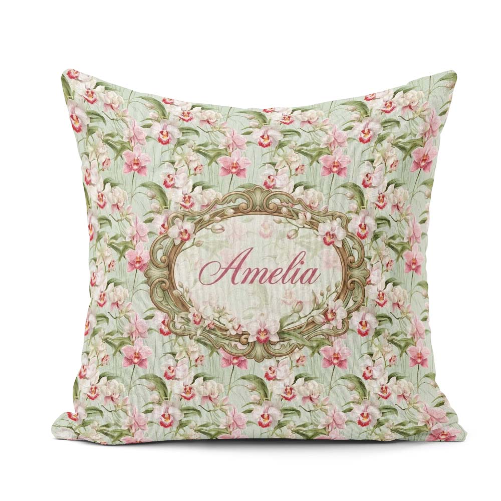 Custom Name Soft Pink and White Orchid on Light Green Background Square Filled Cushion Throw Pillow Sofa Bed Home Decor Zip Washable UK Made