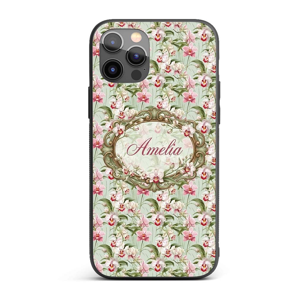 Soft Pink and White Orchid Pattern on Light Green Custom Name Protective Phone Case Mobile Cover Durable Everyday Smartphone Shock Resistant