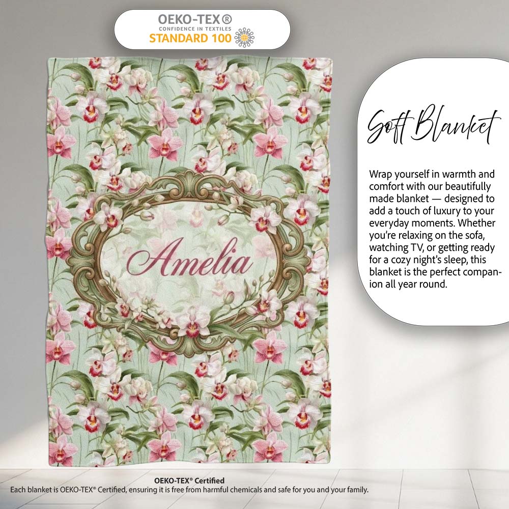 Soft Pink and White Orchid Pattern on Light Green Background Lovely Personalised Custom Name Super Soft Fleece Blanket Bed Sofa Throw