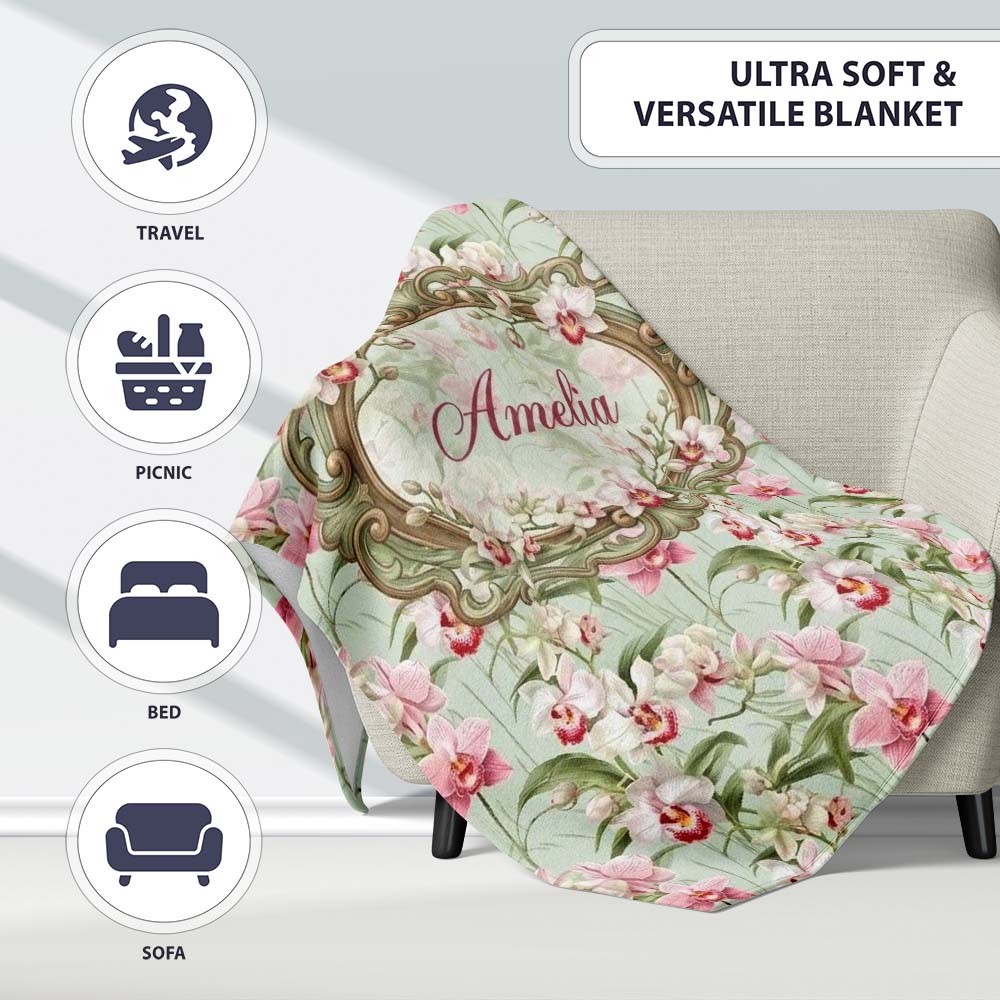 Soft Pink and White Orchid Pattern on Light Green Background Lovely Personalised Custom Name Super Soft Fleece Blanket Bed Sofa Throw