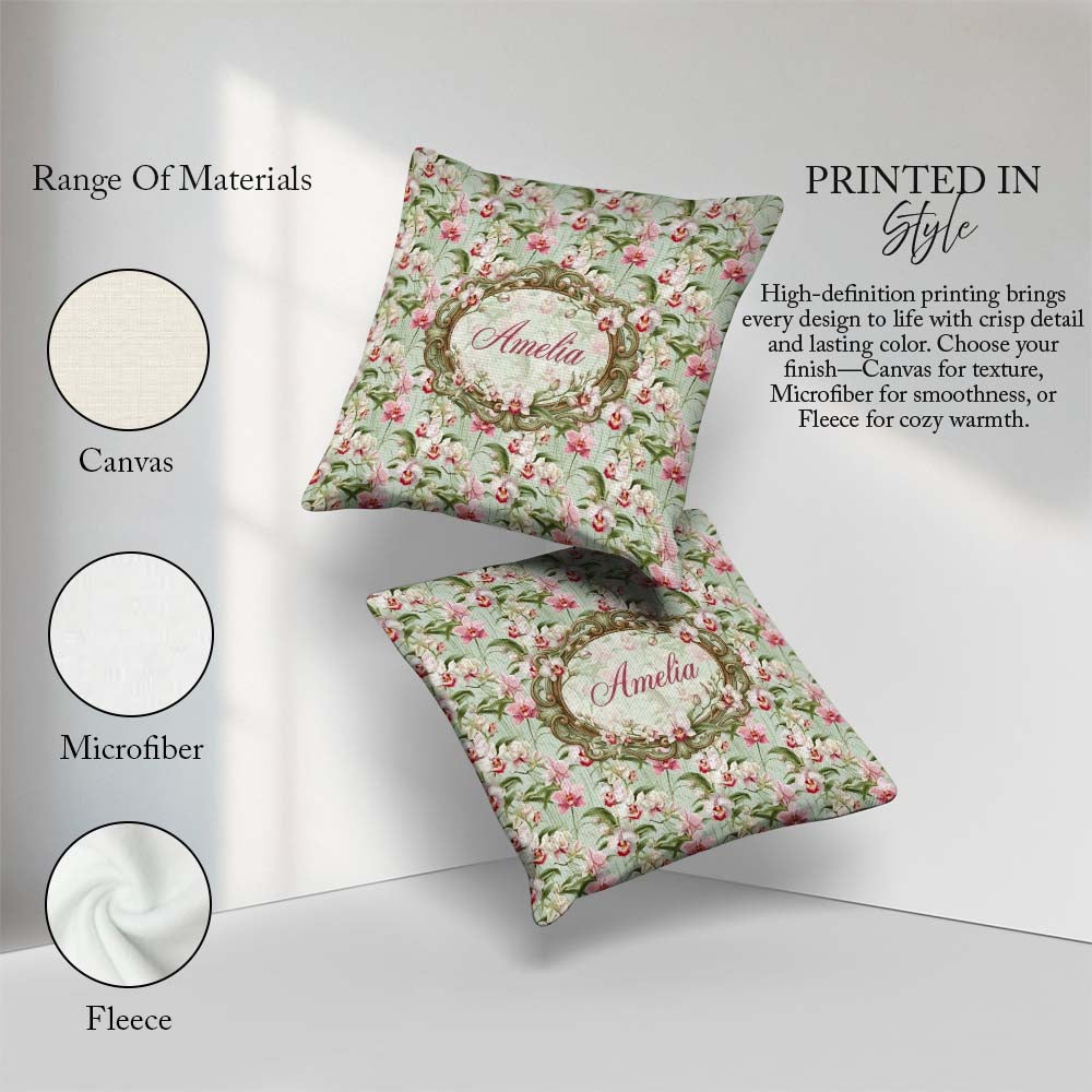 Custom Name Soft Pink and White Orchid on Light Green Background Square Filled Cushion Throw Pillow Sofa Bed Home Decor Zip Washable UK Made