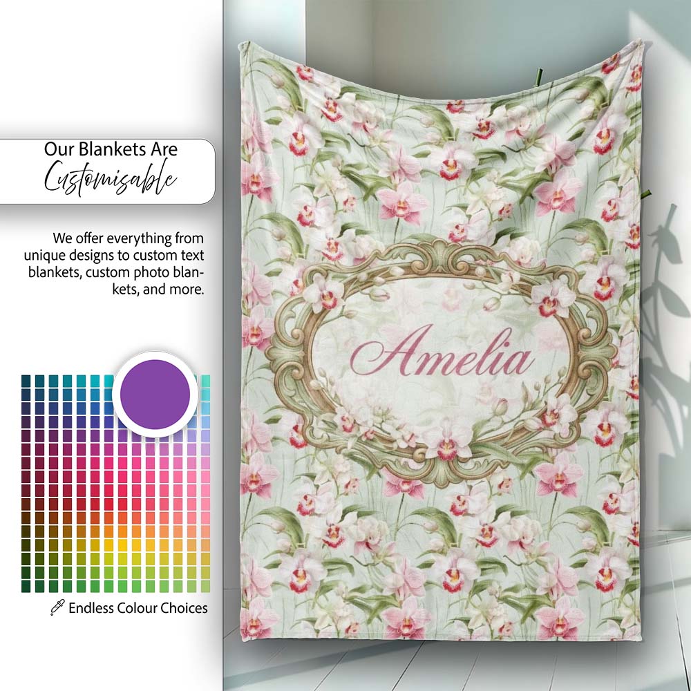 Soft Pink and White Orchid Pattern on Light Green Background Lovely Personalised Custom Name Super Soft Fleece Blanket Bed Sofa Throw