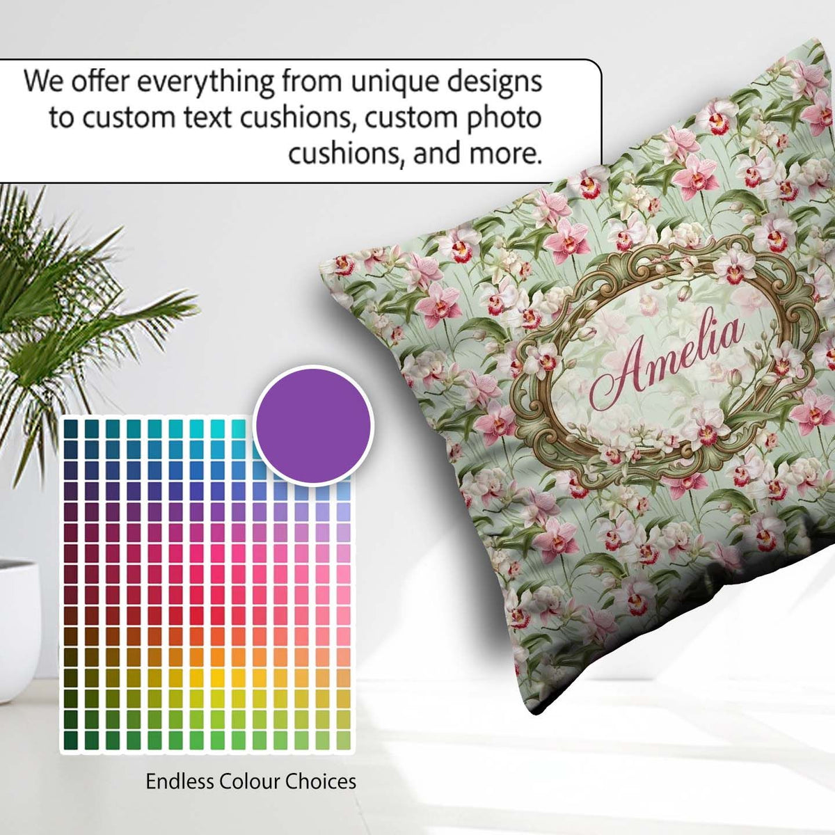 Custom Name Soft Pink and White Orchid on Light Green Background Square Filled Cushion Throw Pillow Sofa Bed Home Decor Zip Washable UK Made
