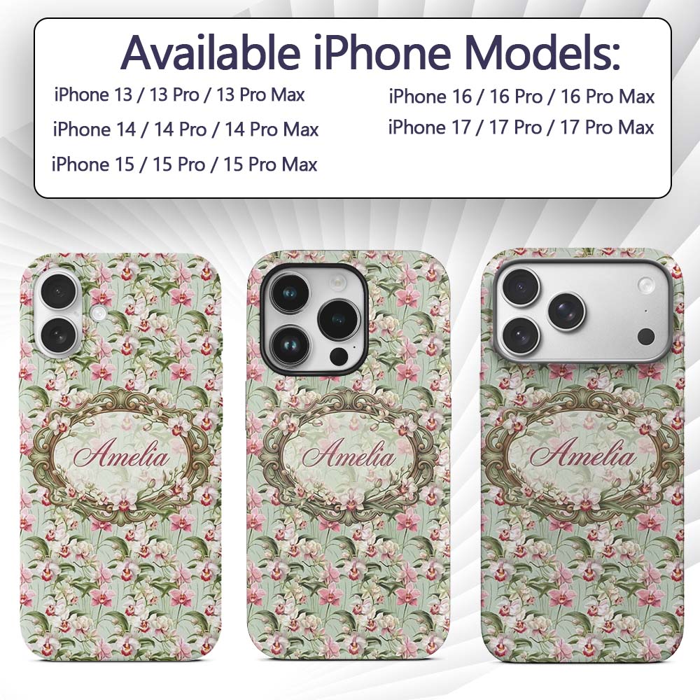 Soft Pink and White Orchid Pattern on Light Green Custom Name Protective Phone Case Mobile Cover Durable Everyday Smartphone Shock Resistant