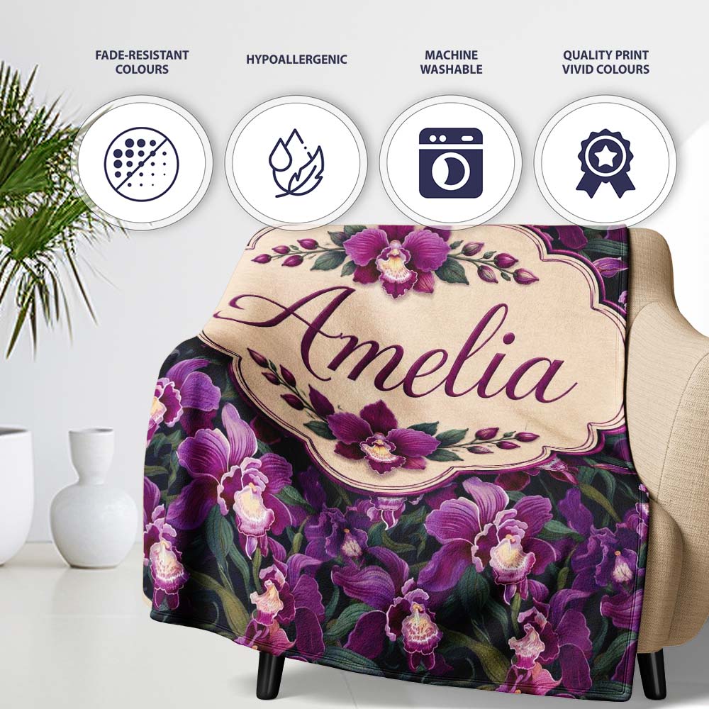 Rich Purple Orchid Floral Pattern on Dark Background Elegant Lovely Personalised Custom Name Super Soft Fleece Blanket Bed Sofa Throw