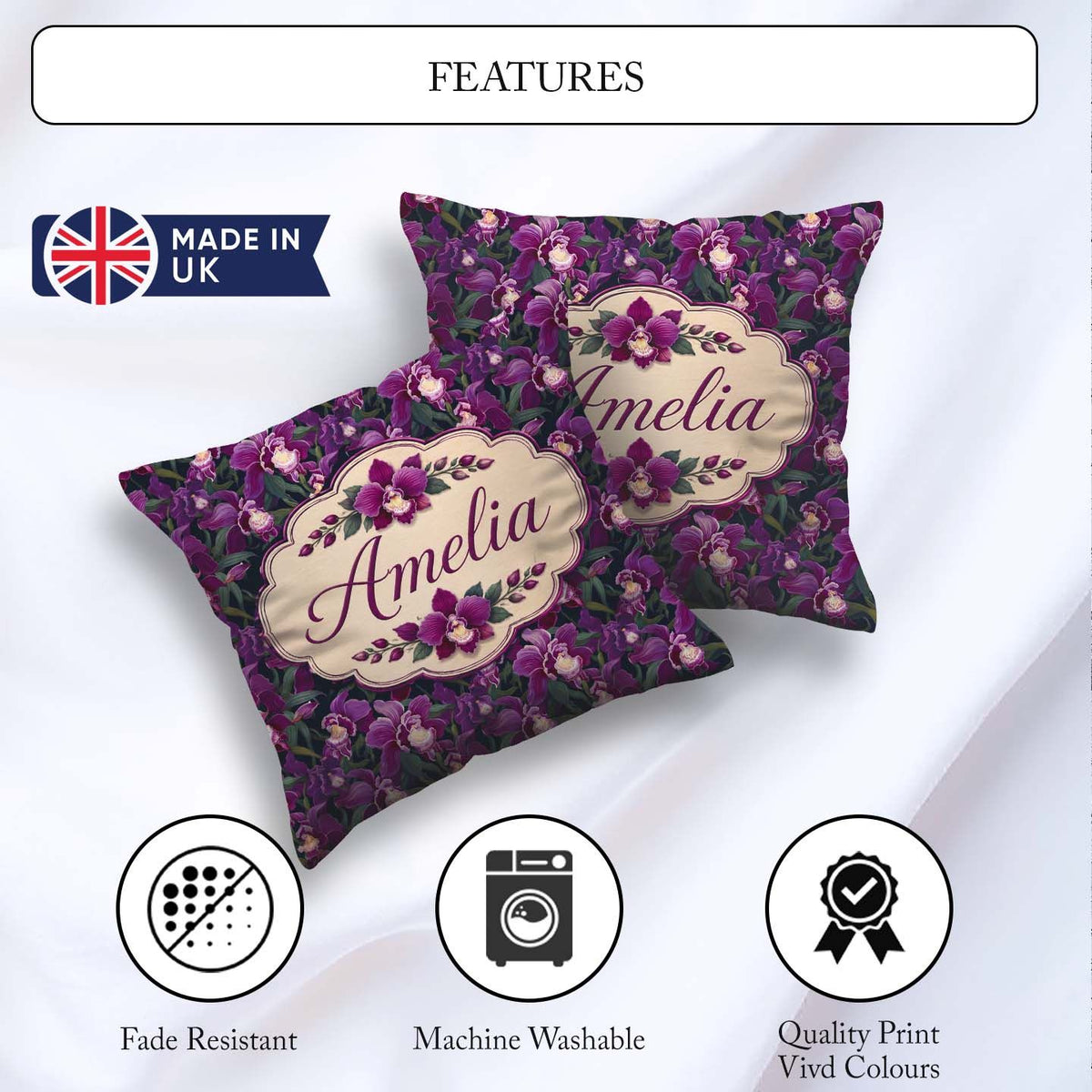 Custom Name Rich Purple Orchid Floral Pattern on Dark Background Square Filled Cushion Throw Pillow Sofa Bed Home Decor Zip Washable UK Made
