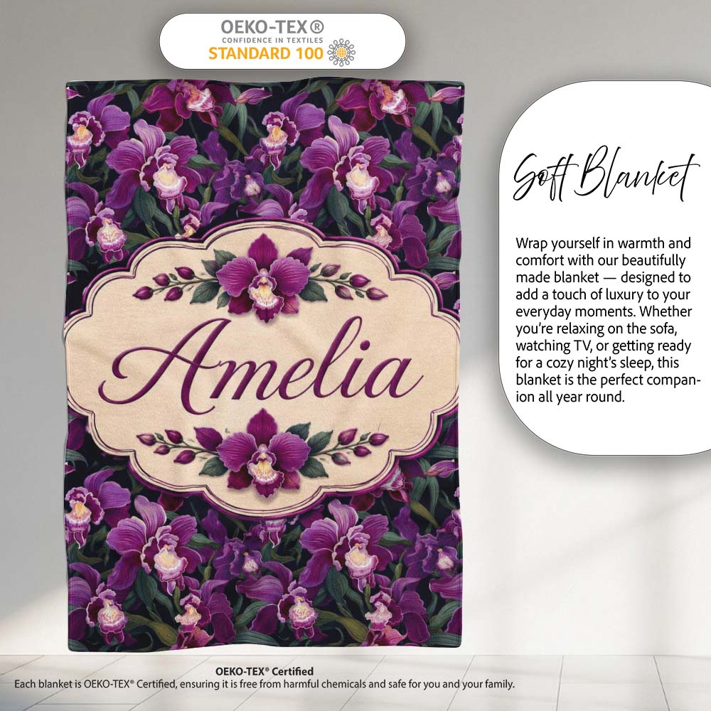 Rich Purple Orchid Floral Pattern on Dark Background Elegant Lovely Personalised Custom Name Super Soft Fleece Blanket Bed Sofa Throw