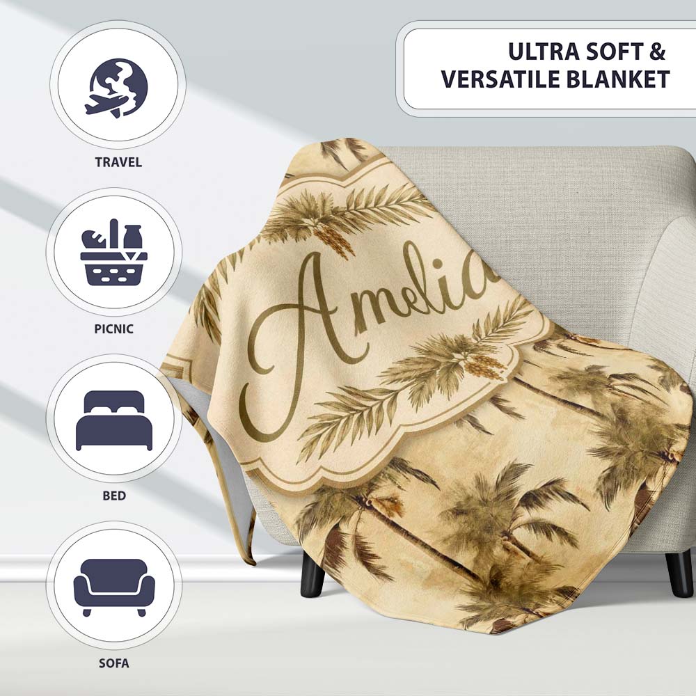 Vintage Sepia Palm Tree Tropical Pattern on Beige Background Coastal Personalised Custom Name Super Soft Fleece Blanket Bed Sofa Throw