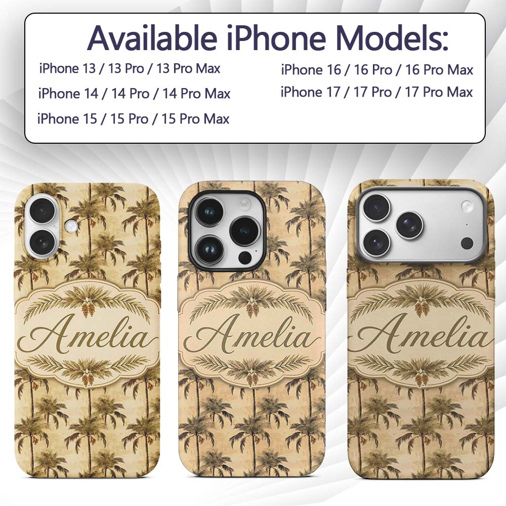 Vintage Sepia Palm Tree Tropical Pattern on Beige Custom Name Protective Phone Case Mobile Cover Durable Everyday Smartphone Shock Resistant