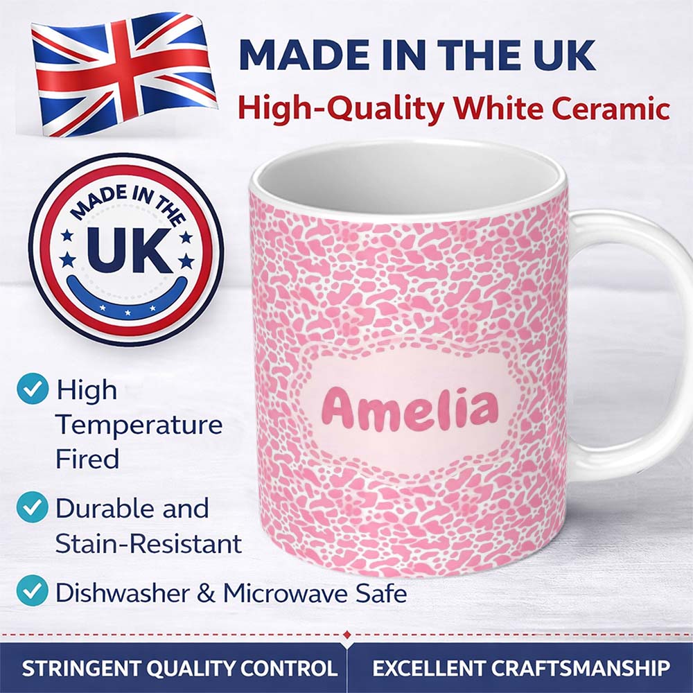 Personalized Custom Name Pink Abstract Animal Print Seamless Pattern Soft Organic Shape 11oz Ceramic Coffee Tea Mug White Large Handle