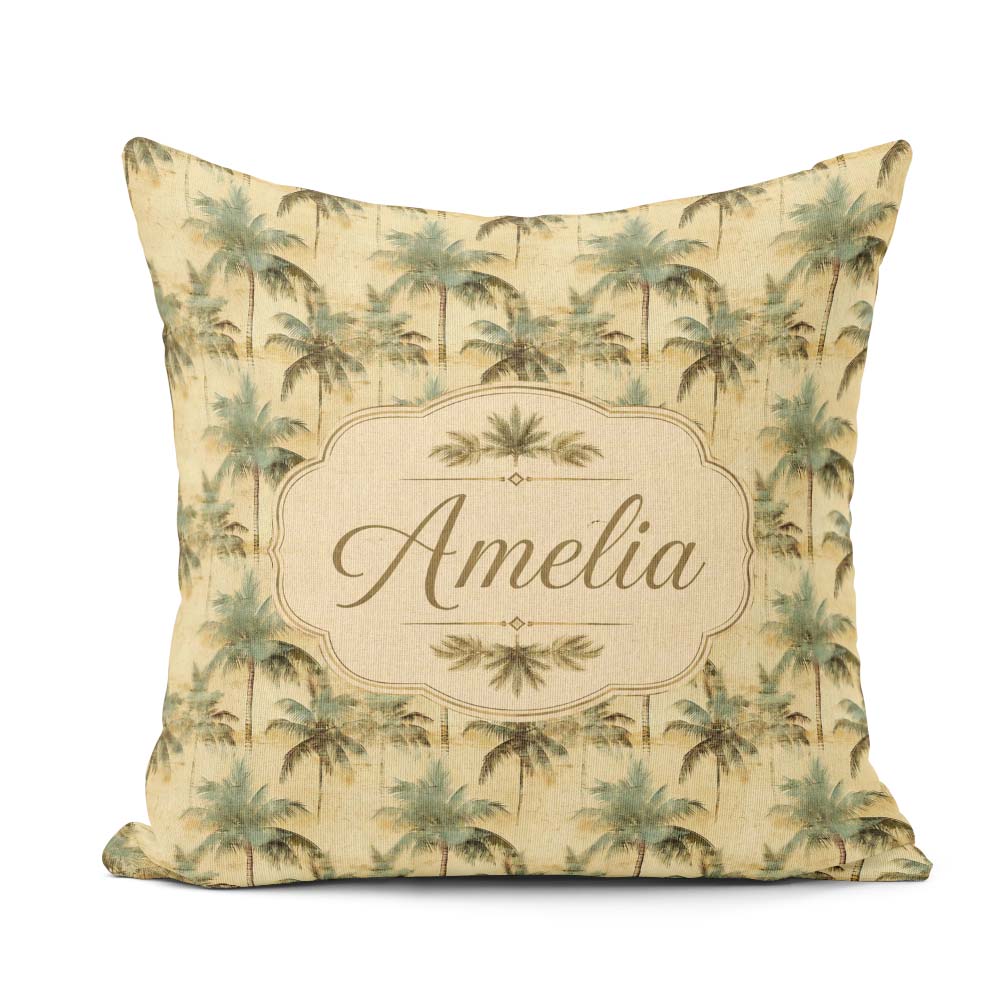 Custom Name Muted Palm Tree in Soft Green and Beige Tones Lovely Square Filled Cushion Throw Pillow Sofa Bed Home Decor Zip Washable UK Made