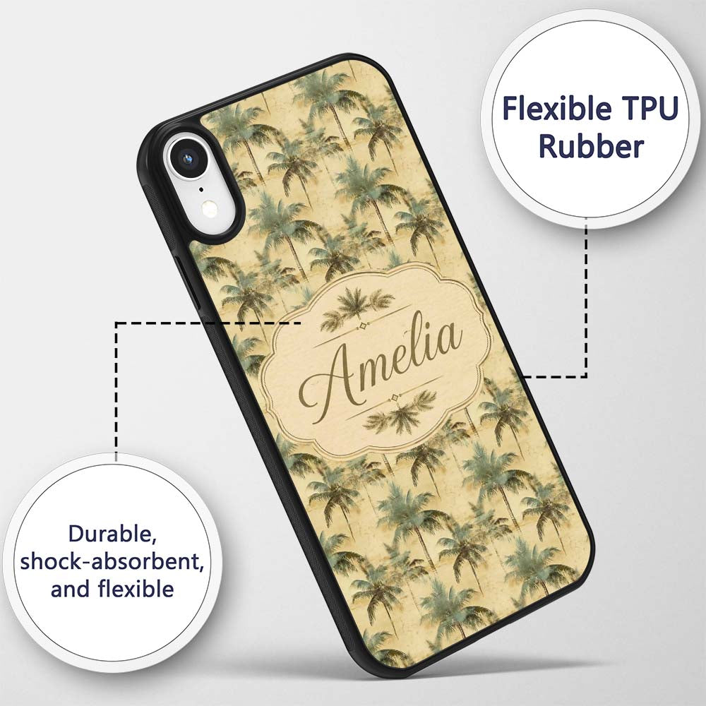 Muted Coastal Palm Tree Pattern in Soft Green and Custom Name Protective Phone Case Mobile Cover Durable Everyday Smartphone Shock Resistant
