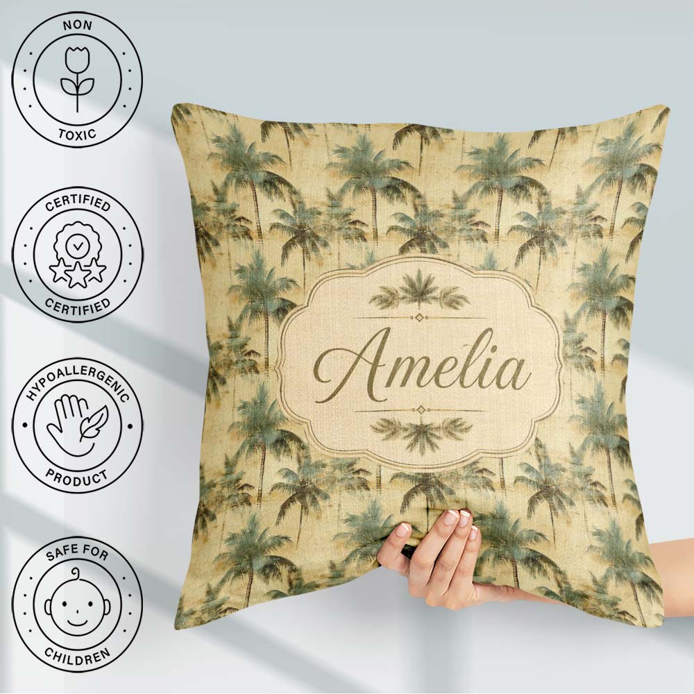 Custom Name Muted Palm Tree in Soft Green and Beige Tones Lovely Square Filled Cushion Throw Pillow Sofa Bed Home Decor Zip Washable UK Made
