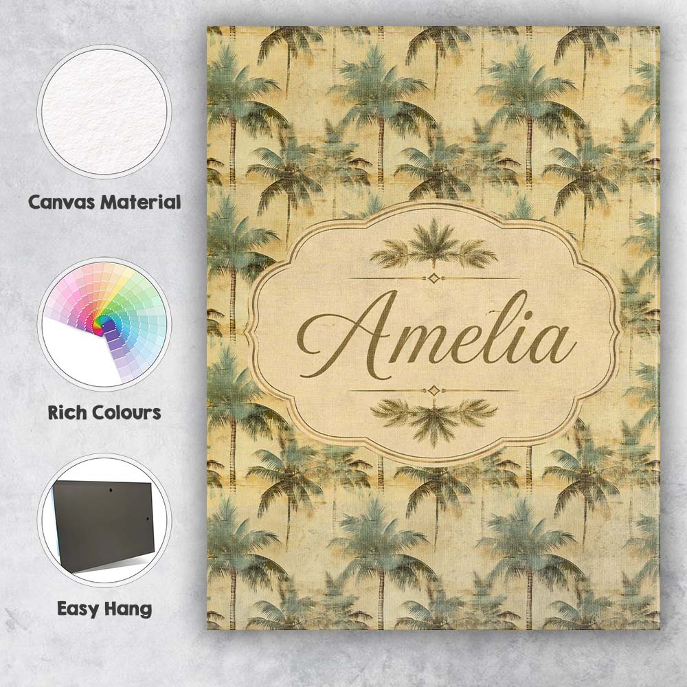 Personalised Name Muted Coastal Palm Tree Custom Unique Gift Idea Elegant Feature Canvas Wall Art Print Decor Picture Ready to Hang